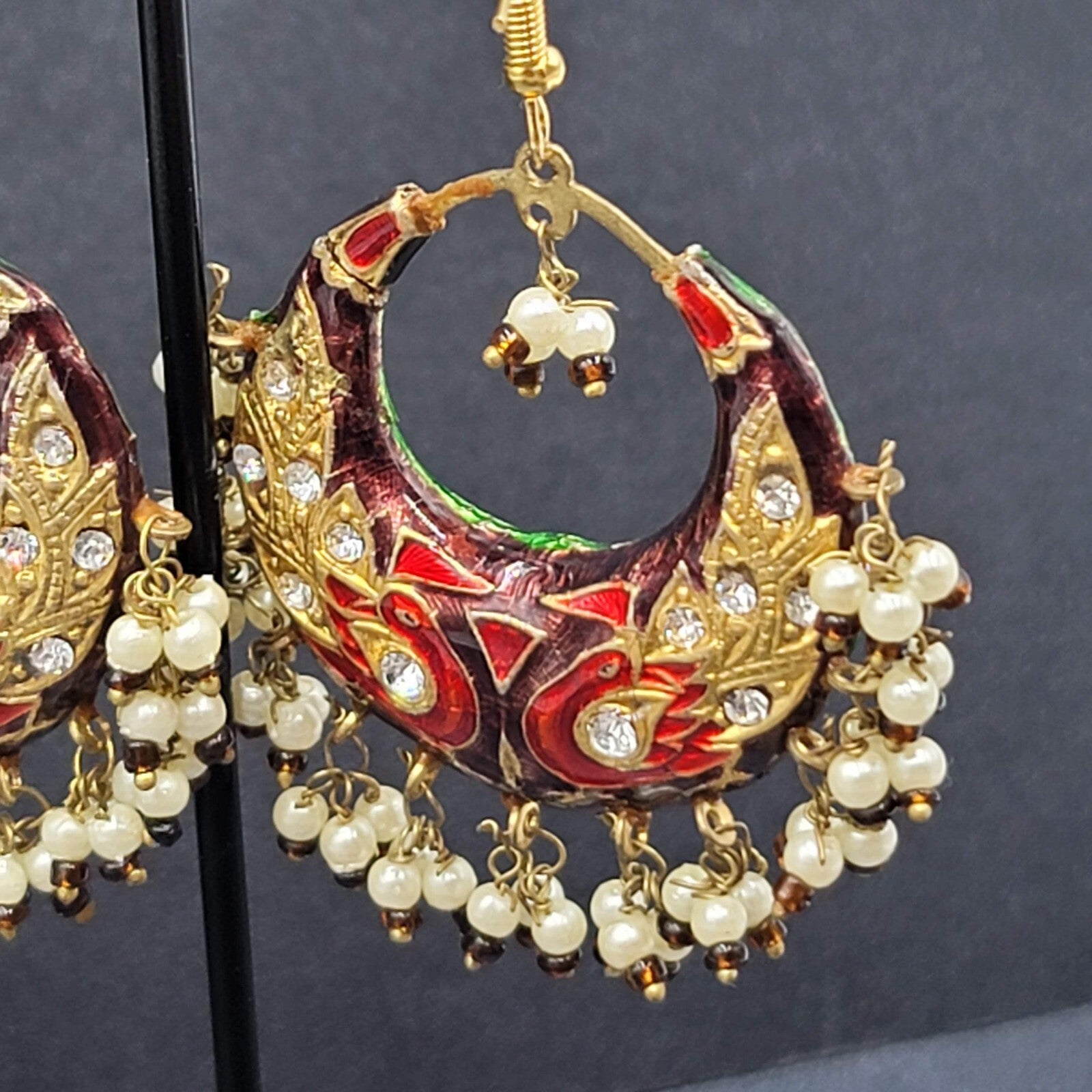 Pierced Earrings Ethnic Gold tone Red Green Beaded 1.75"