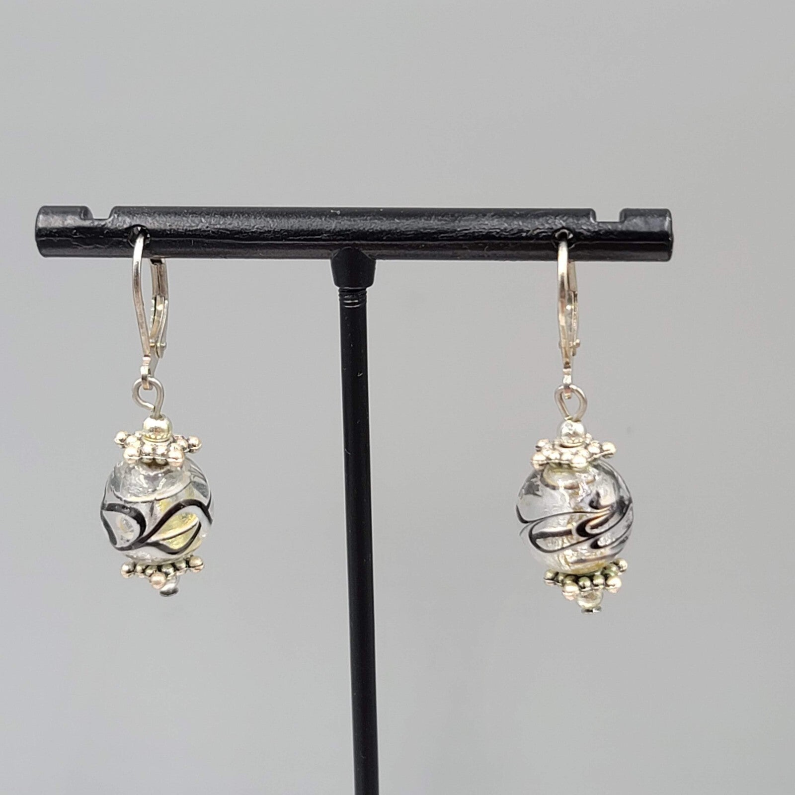 Clear Black Swirl Glass Bead Pierced Earrings Silver tone Dangle 3/4"