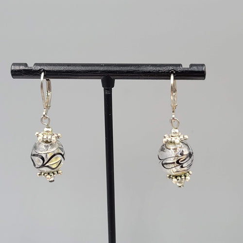 Clear Black Swirl Glass Bead Pierced Earrings Silver tone Dangle 3/4"