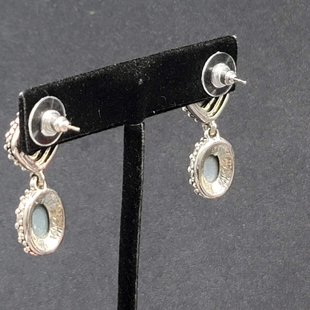 Pierced Earrings Silver tone Abalone Inlay Faceted Glass Dangle 1.25"