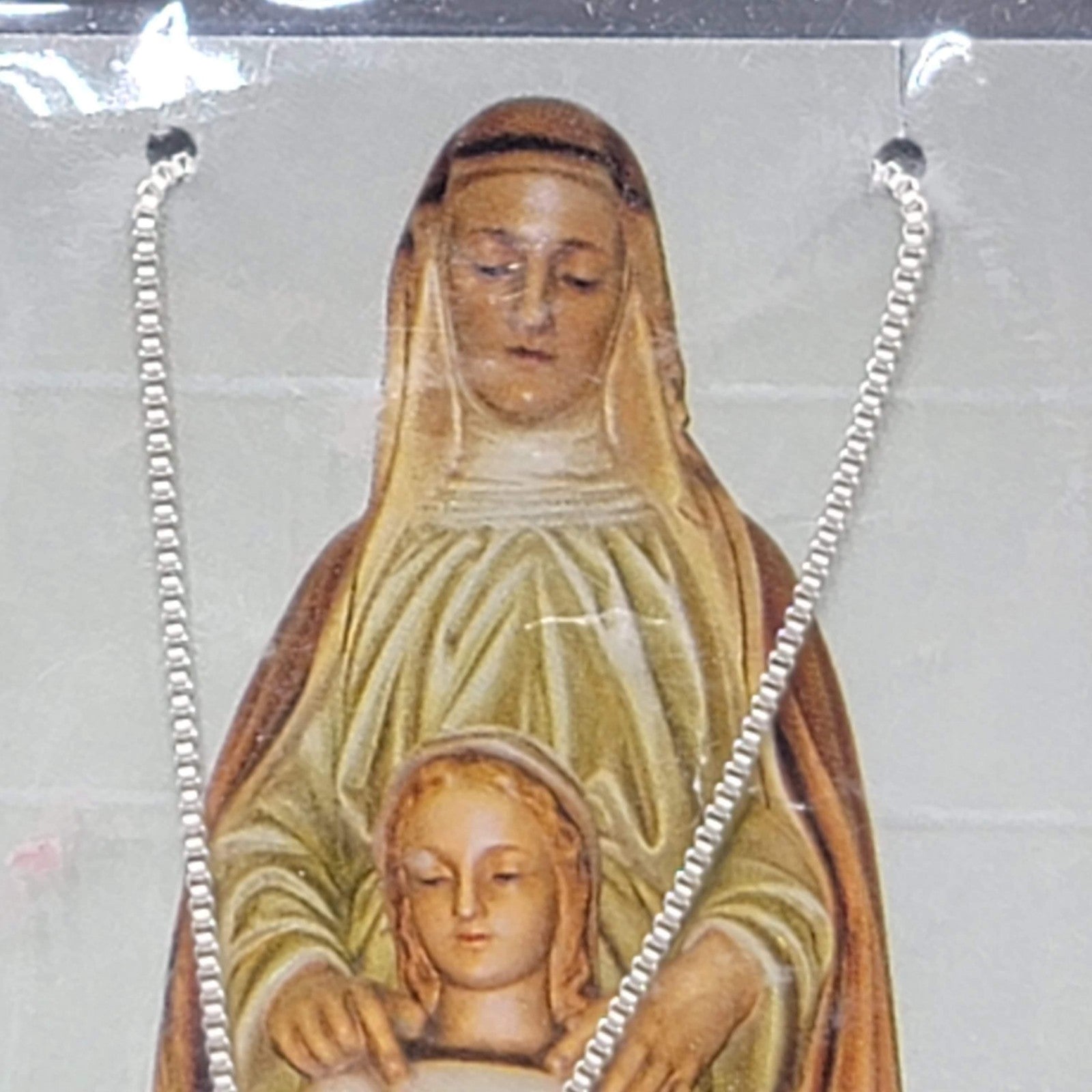 Saint Ann St Anne Medal Necklace with Prayer Card Catholic Silver Tone Shrine