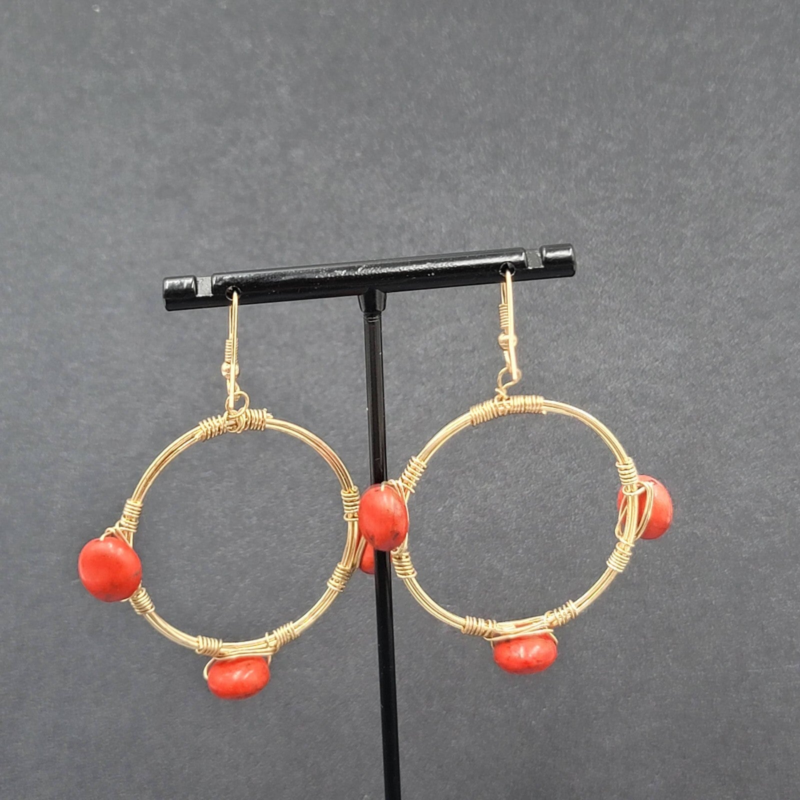 Pierced Earrings Gold tone Orange Stone Bead Dangle Hoops 1.75"