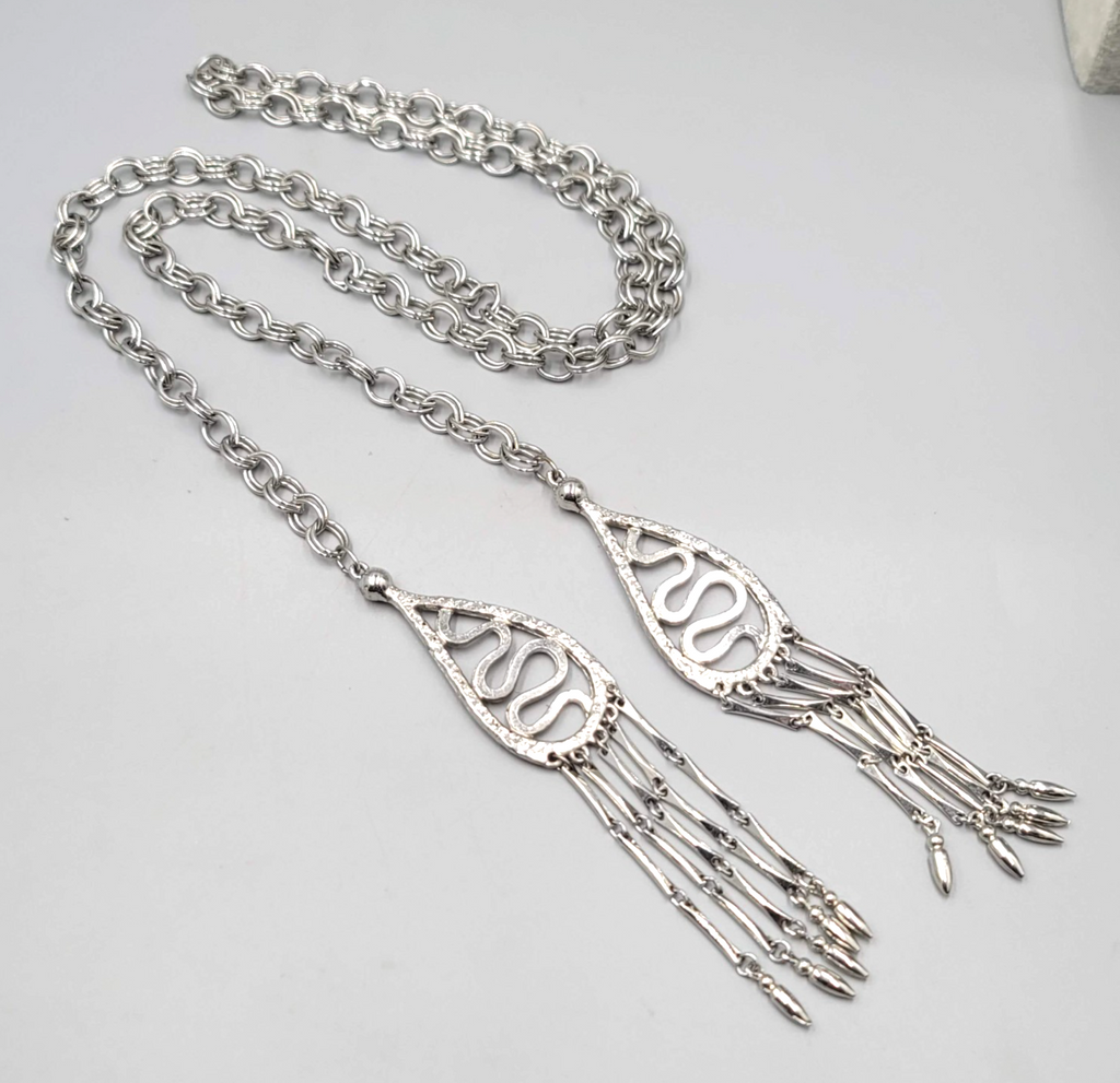 Vintage Lariat Necklace MCM Statement Silver tone LONG 36" + 5.5" Tassels