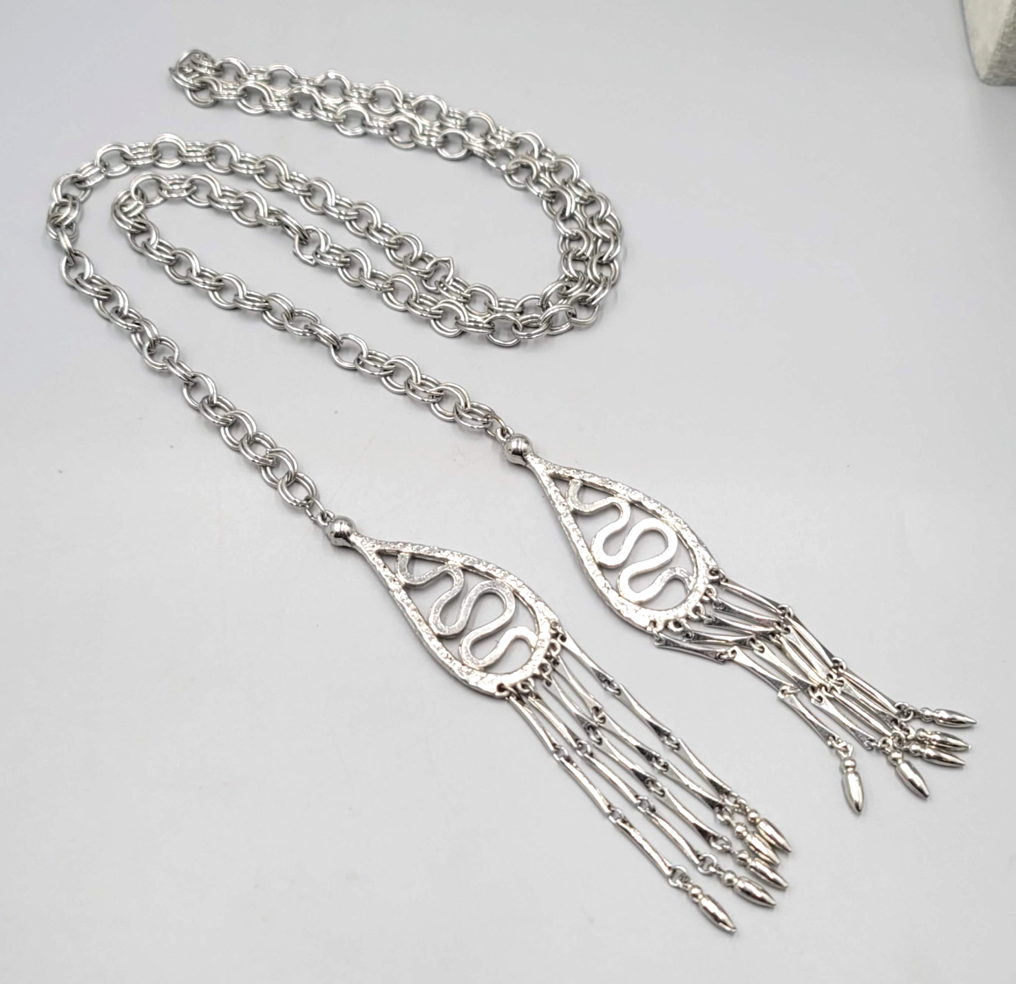 Vintage Lariat Necklace MCM Statement Silver tone LONG 36" + 5.5" Tassels