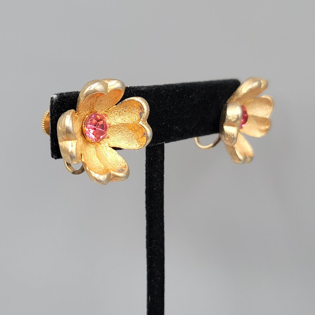 Vintage Flower Clip on Earrings Gold tone Pink Rhinestone Drop 7/8" Screw Back