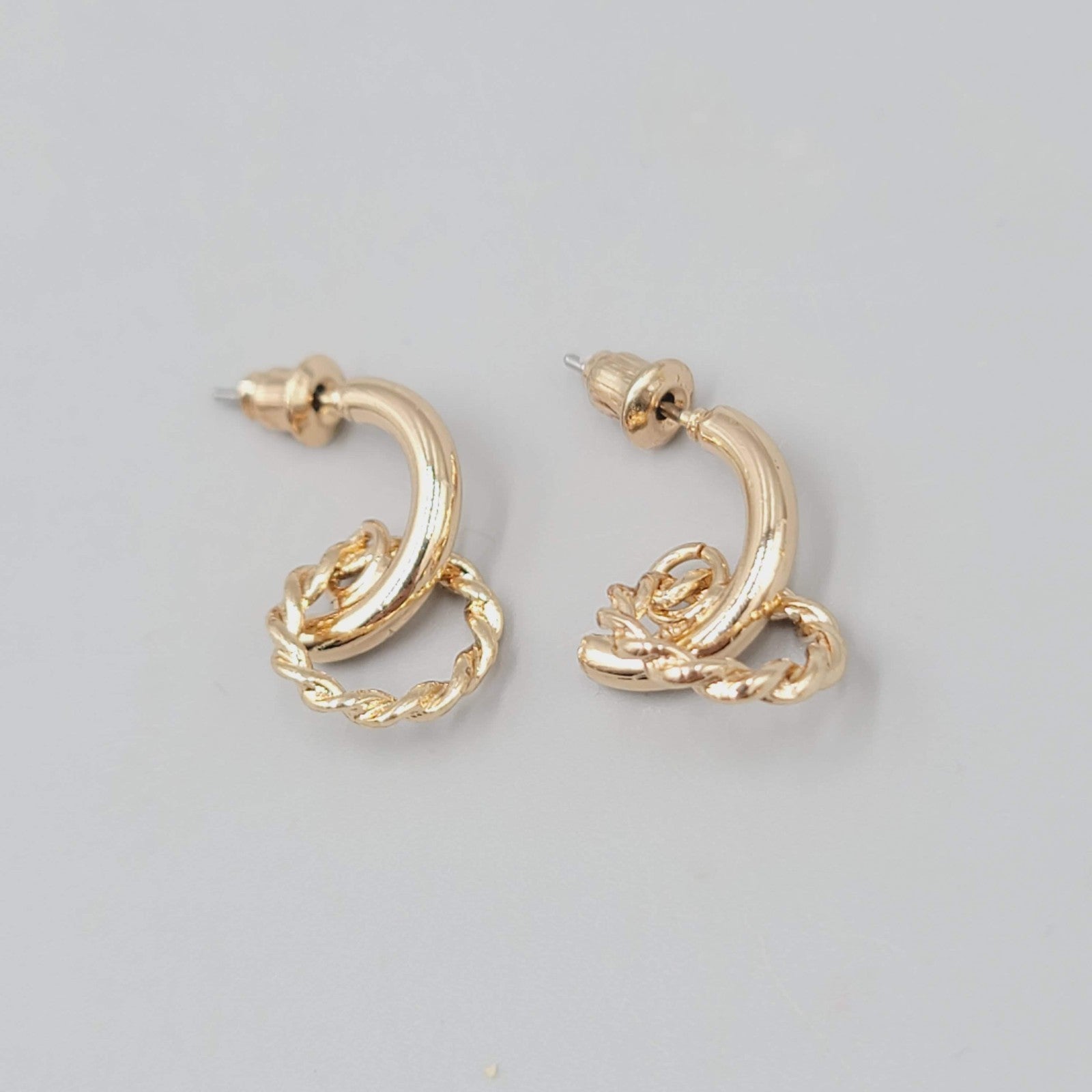 Double Small Hoops Pierced Earrings Gold tone Dangle 1"