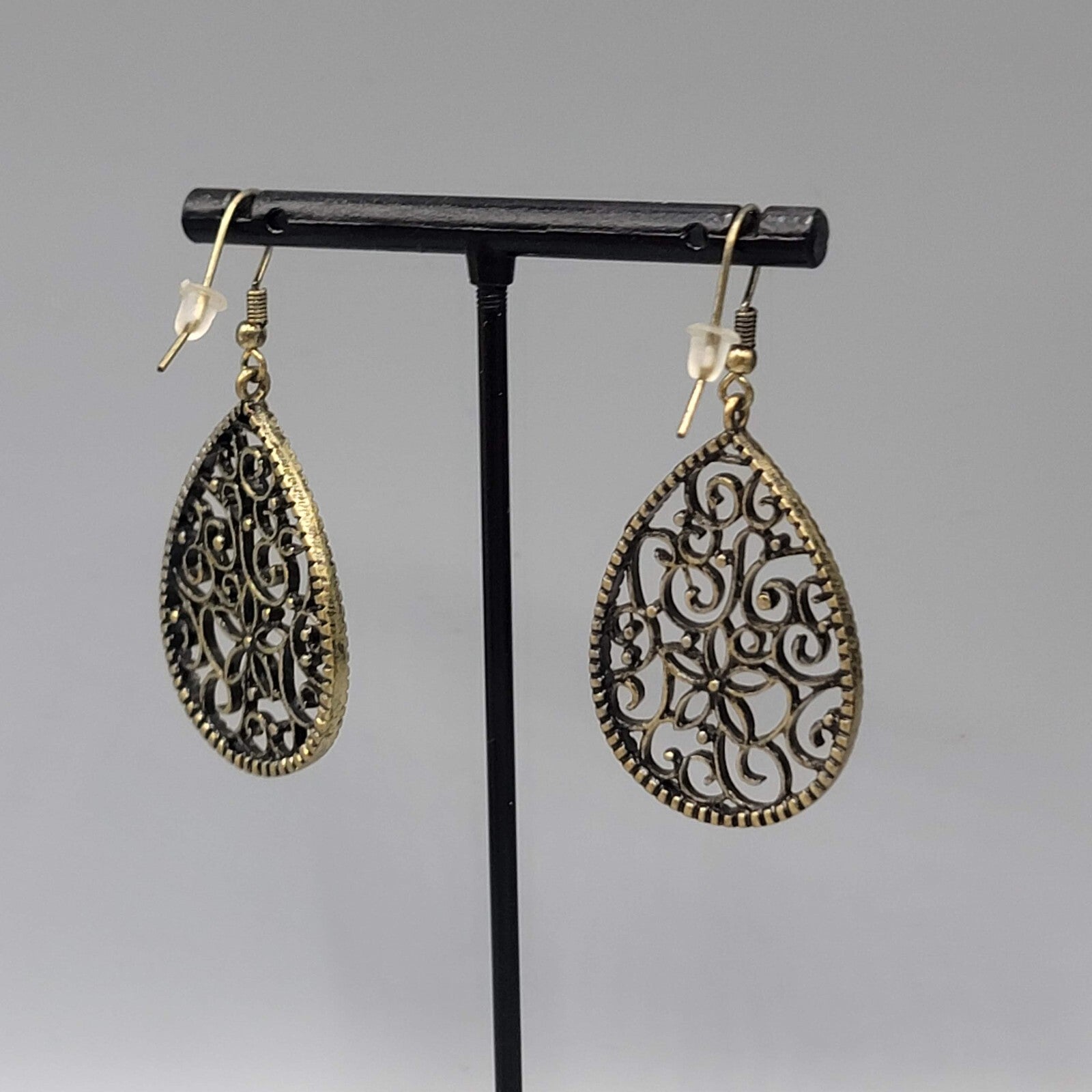 Pierced Earrings Bronze tone Filigree Teardrop Dangle 1.5"