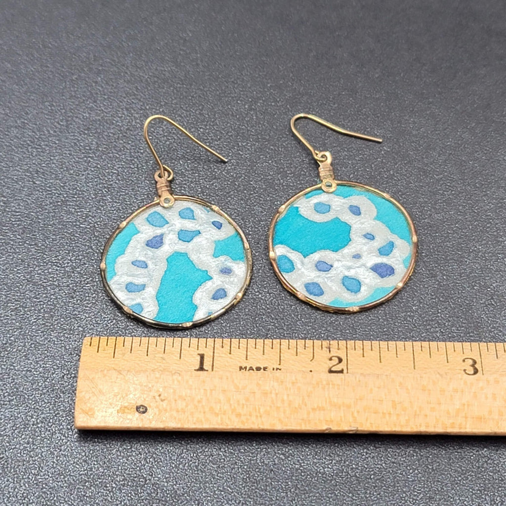 Pierced Earrings Hand Painted Silk Dangle Gold tone 1 3/8"
