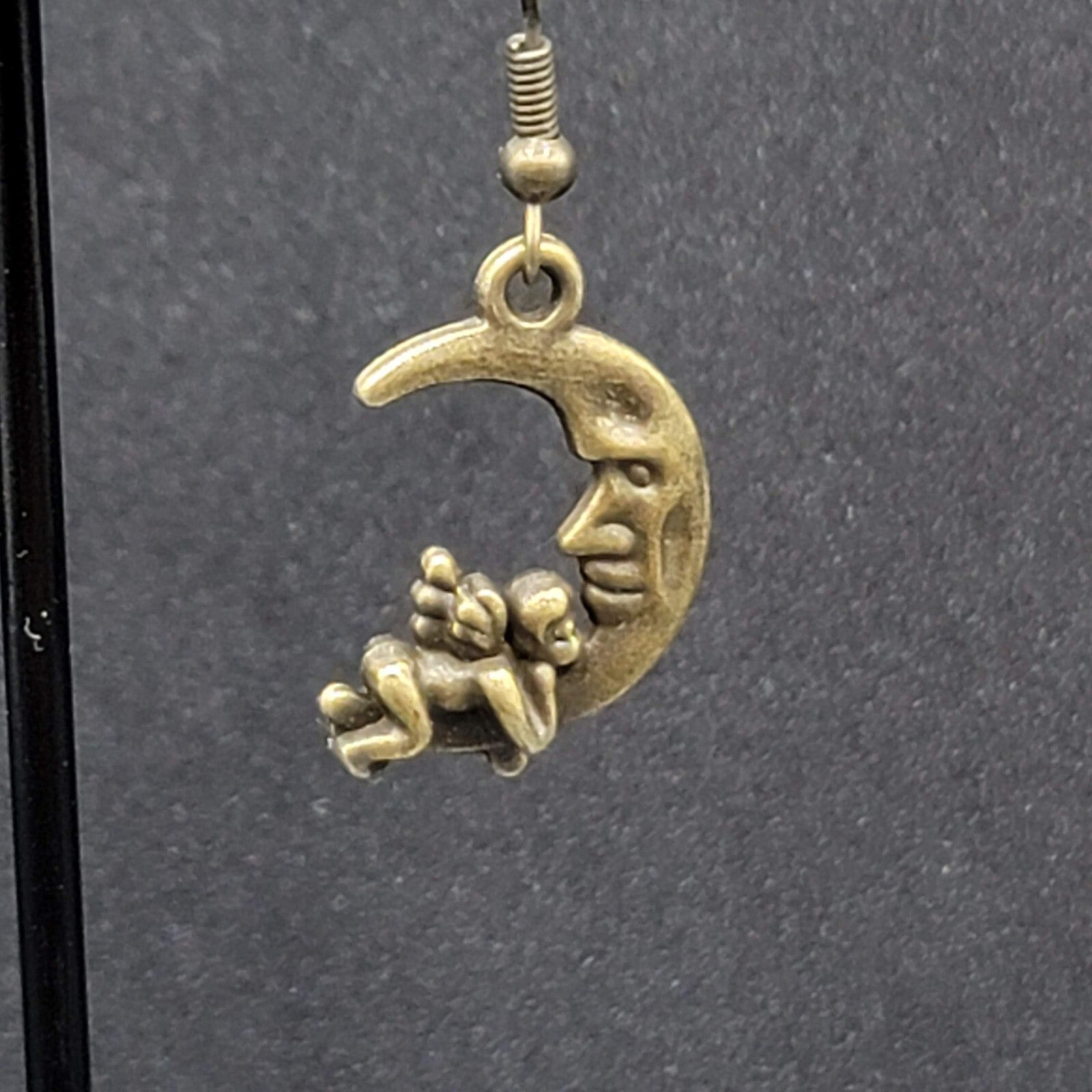 New Cherub Angel Moon Pierced Earrings Bronze tone Dangle 3/4"