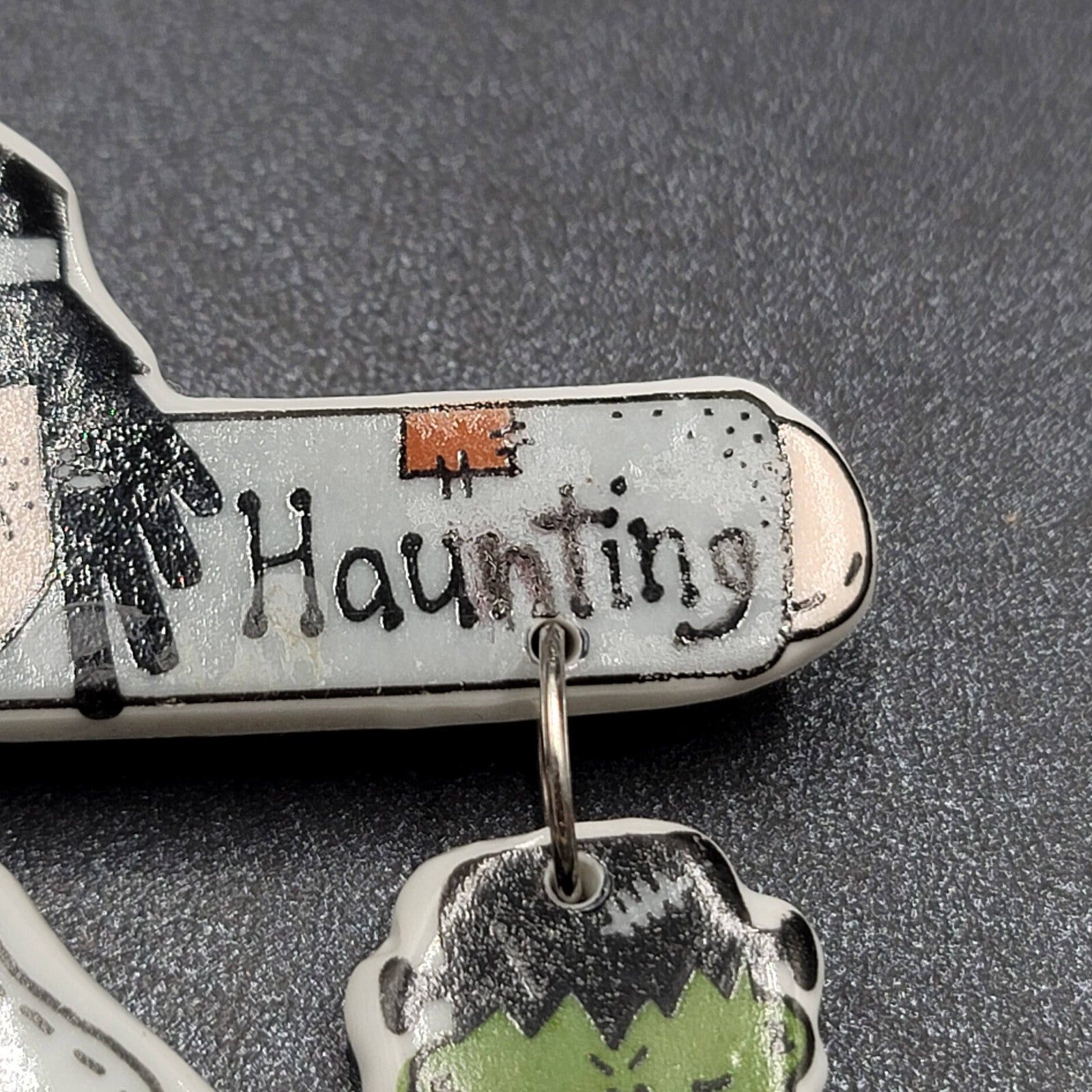 Vintage Halloween Brooch Ceramic Dangle Charms Happy Haunting 3 3/8"