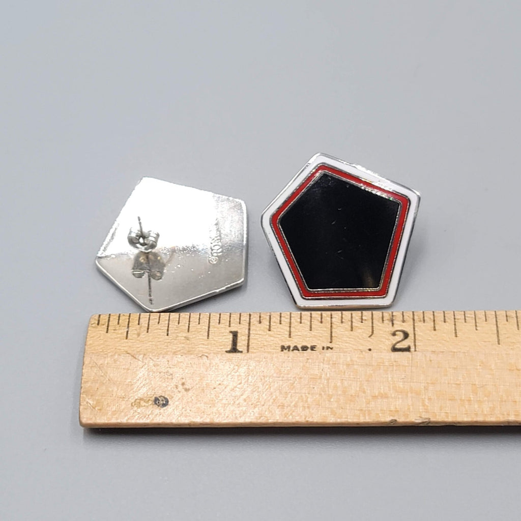 Vintage Roman Enamel Cloisonne Pierced Earrings Red White Black Drop 1"