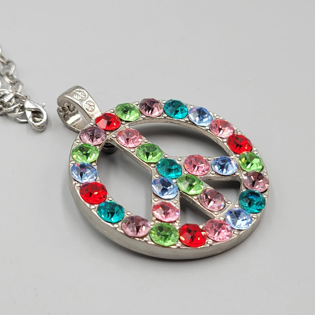 Large Pendant Necklace Heart Locket Rhinestone Peace Sign Silver tone 30"