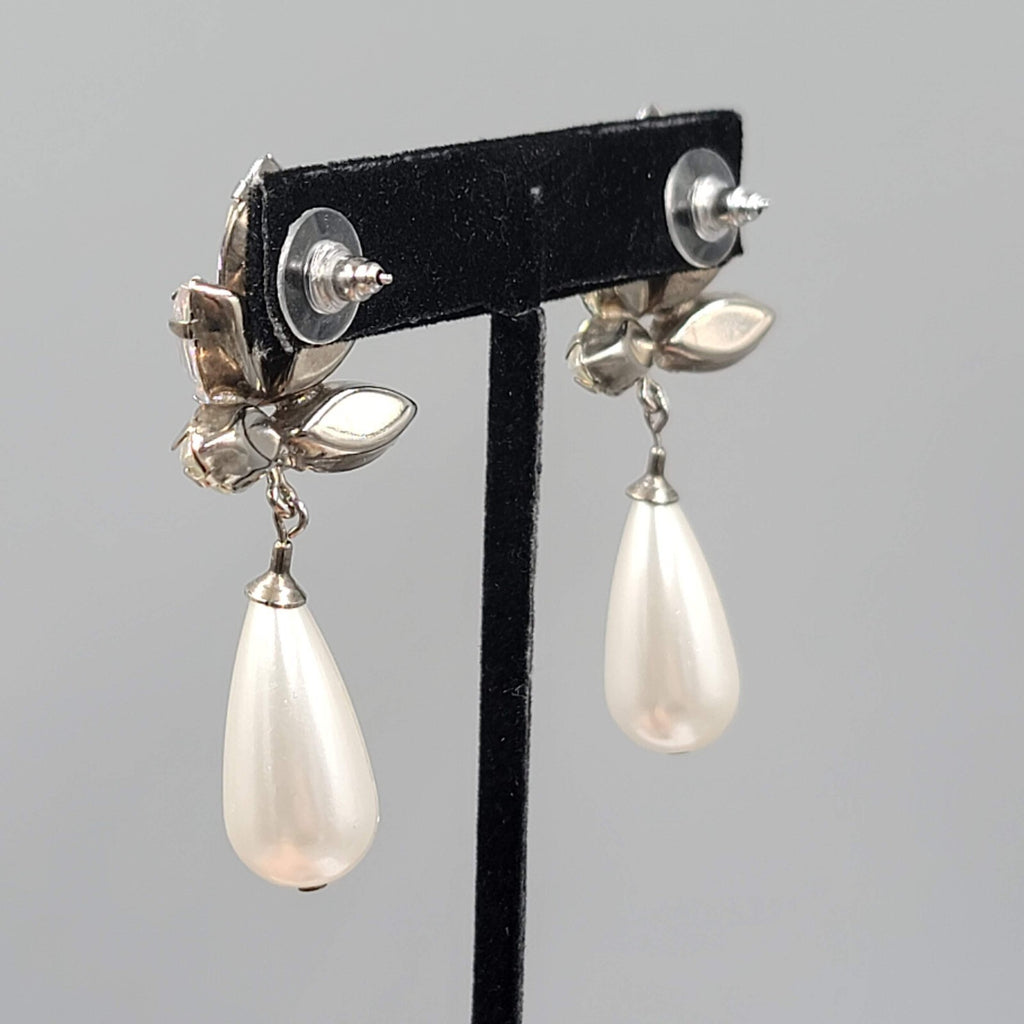 Vintage Statement Pierced Earrings Large AB Rhinestone Faux Pearl Teardrop 2.25"