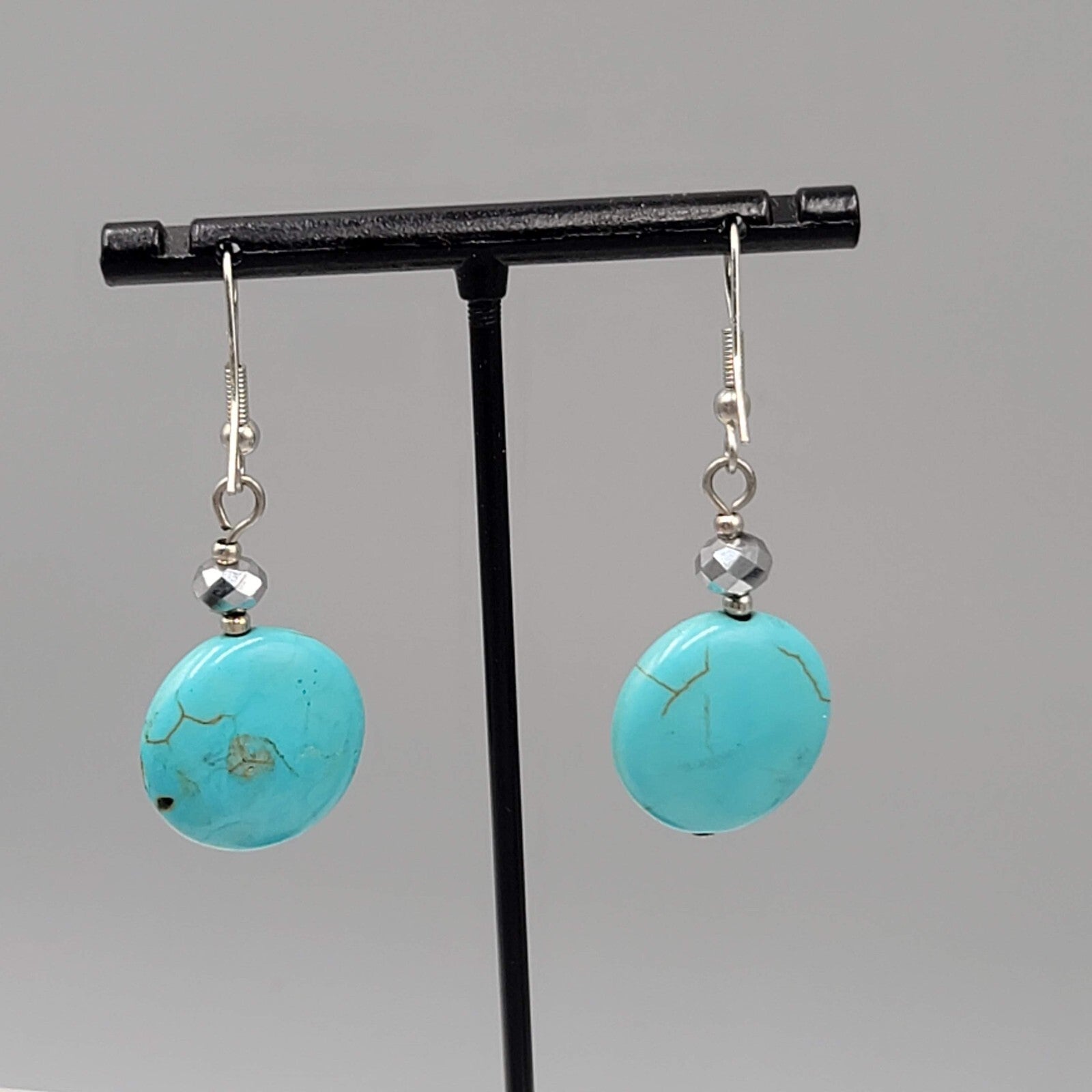 Blue Stone Bead Pierced Earrings Black Accent Silver tone Hook Dangle 1.25"