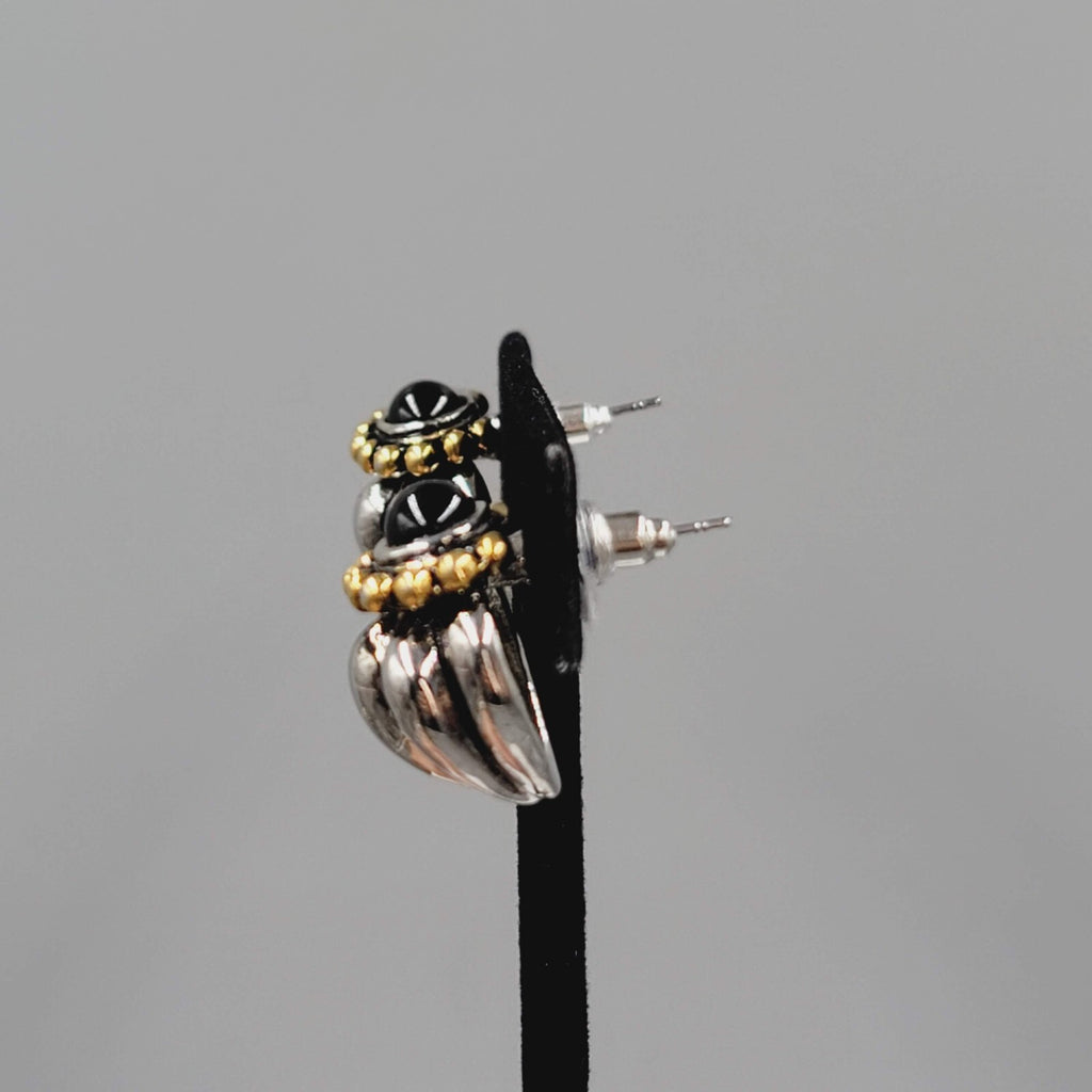 Pierced Earrings Heavy Silver and Gold Plated Black Cabochon Statement 3/4"