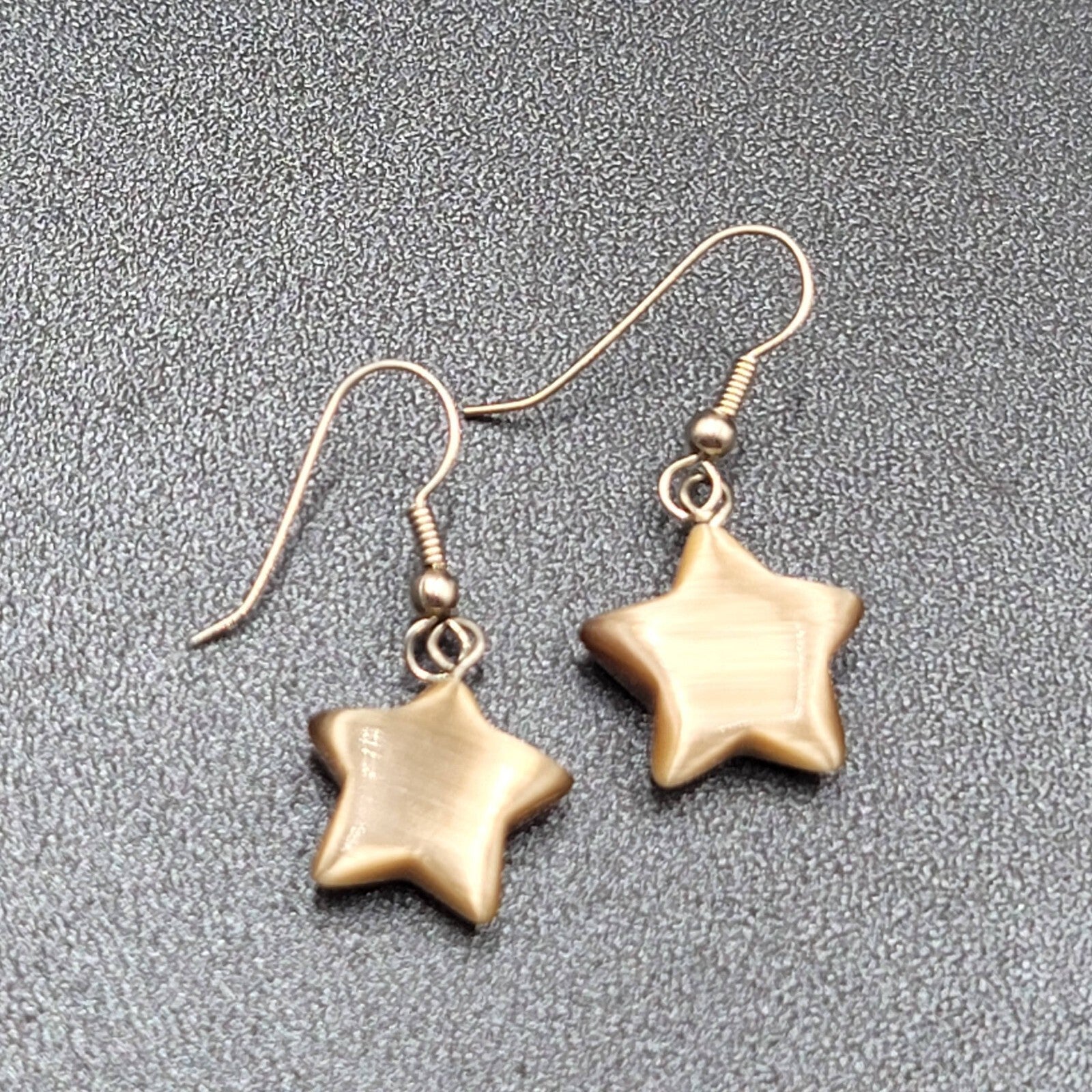 Pierced Earrings Silver tone Tan Brown Satin Cats Eye Glass Star Bead Dangle 3/4