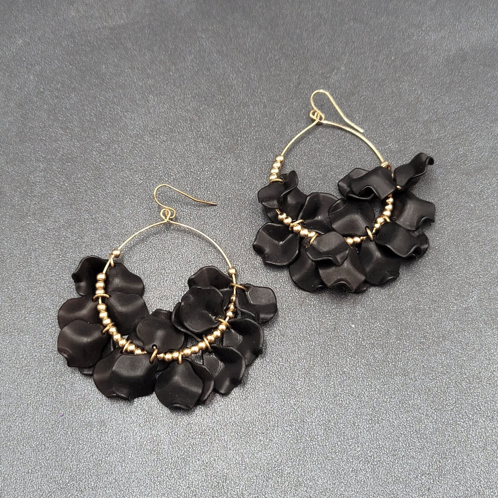 Pierced Earrings Gold tone Black Acrylic Hoops Dangle 2.5"