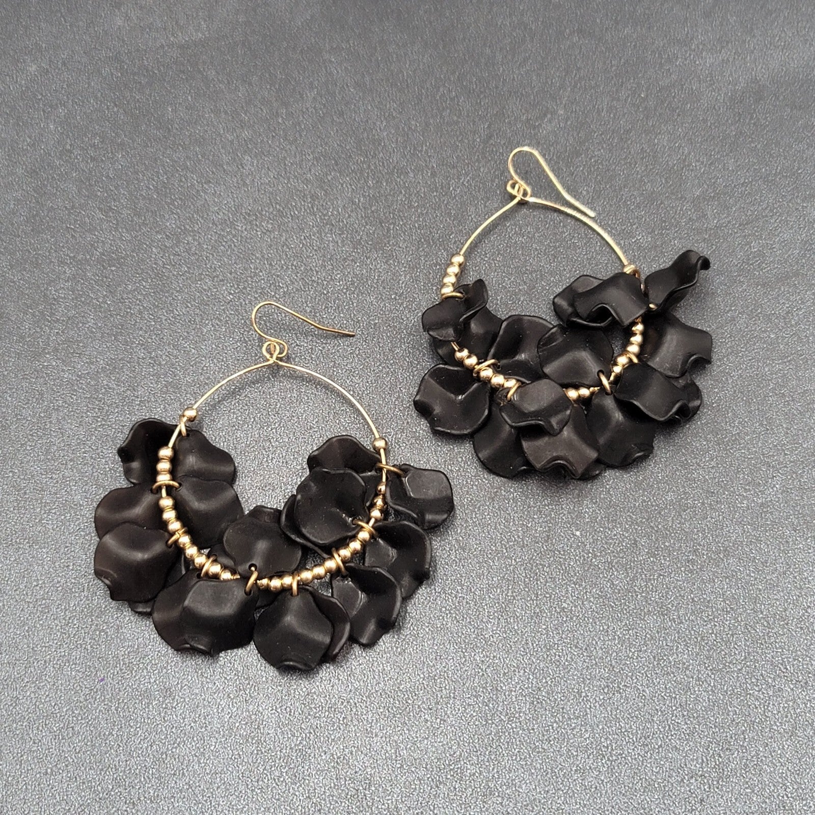Pierced Earrings Gold tone Black Acrylic Hoops Dangle 2.5"