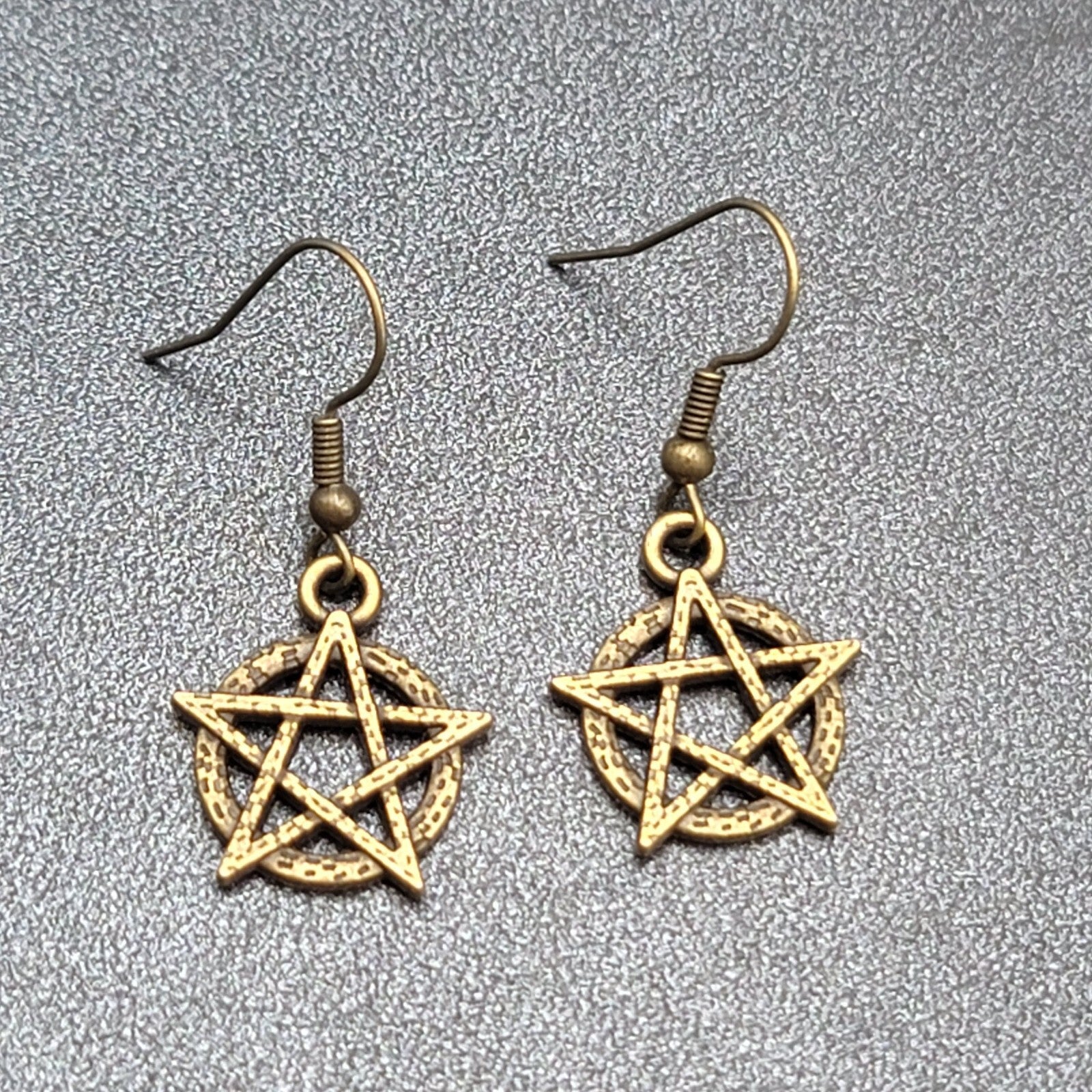 New Pentacle Pierced Earrings Star in Circle Bronze tone Dangle 3/4"