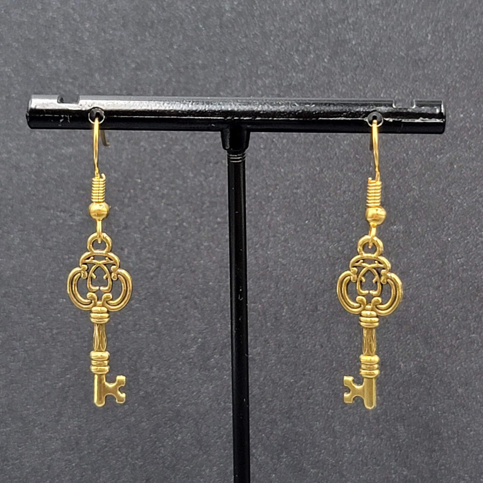 Skeleton Key Pierced Earrings Gold Plated Dangle 1"