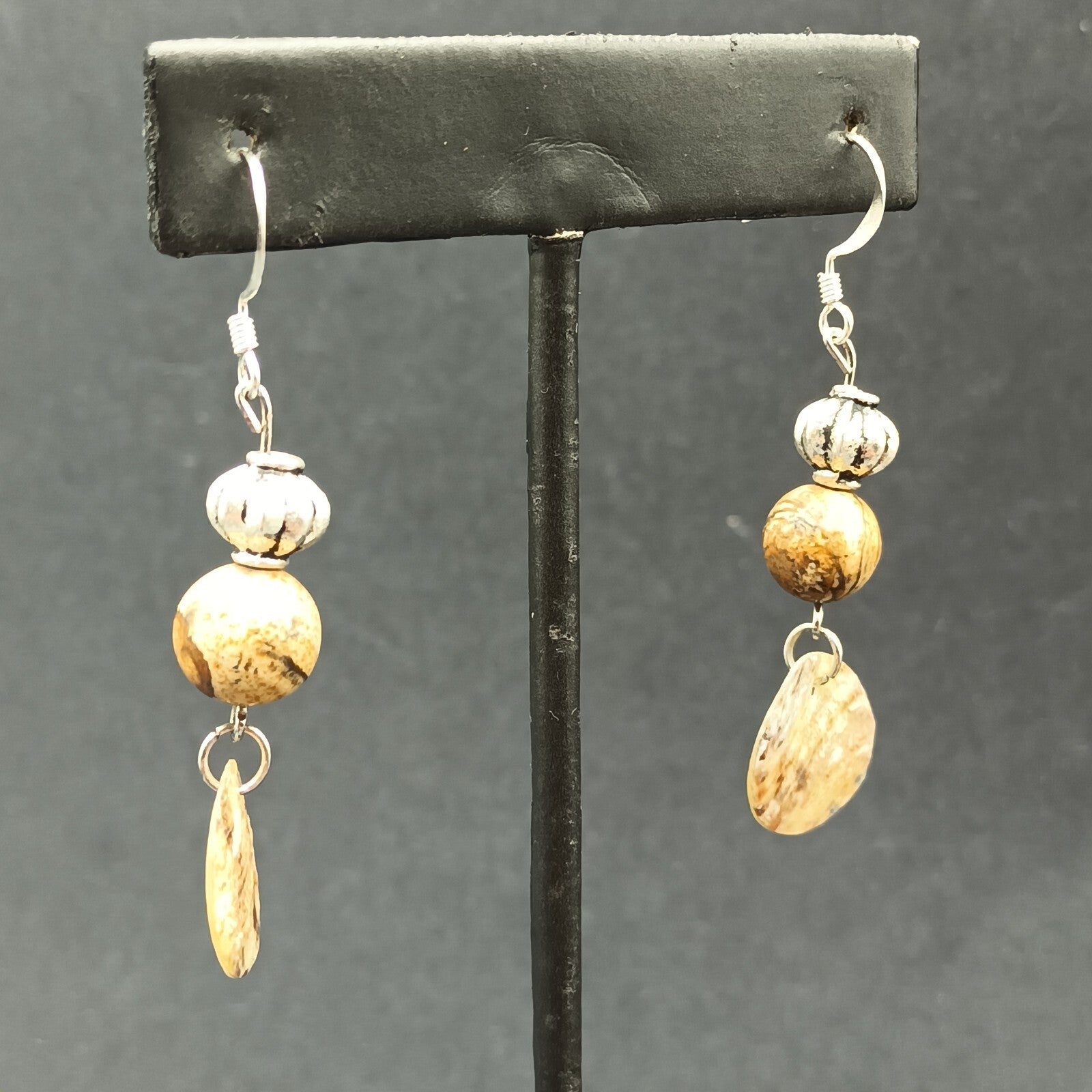 Pierced Earrings Silver tone Beaded Shell Statement Dangle 1 1/2"