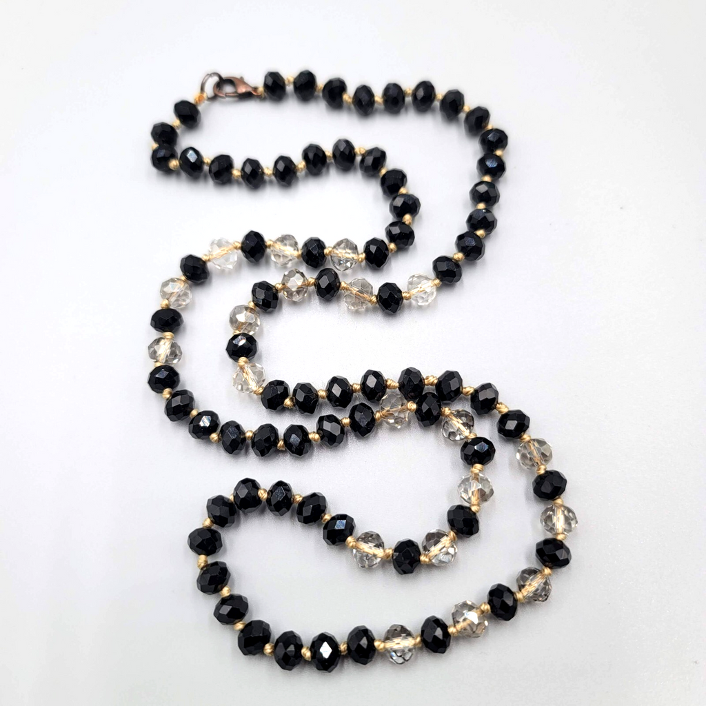 Hand Knotted Facet Cut Black Crystal Bead Necklace 30 in