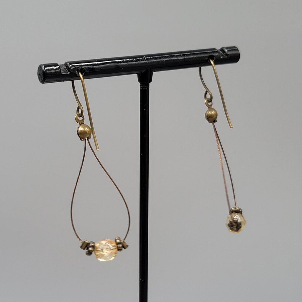Pierced Earrings Bronze tone Teardrop Wire Yellow Glass Bead Dangle 1.5"