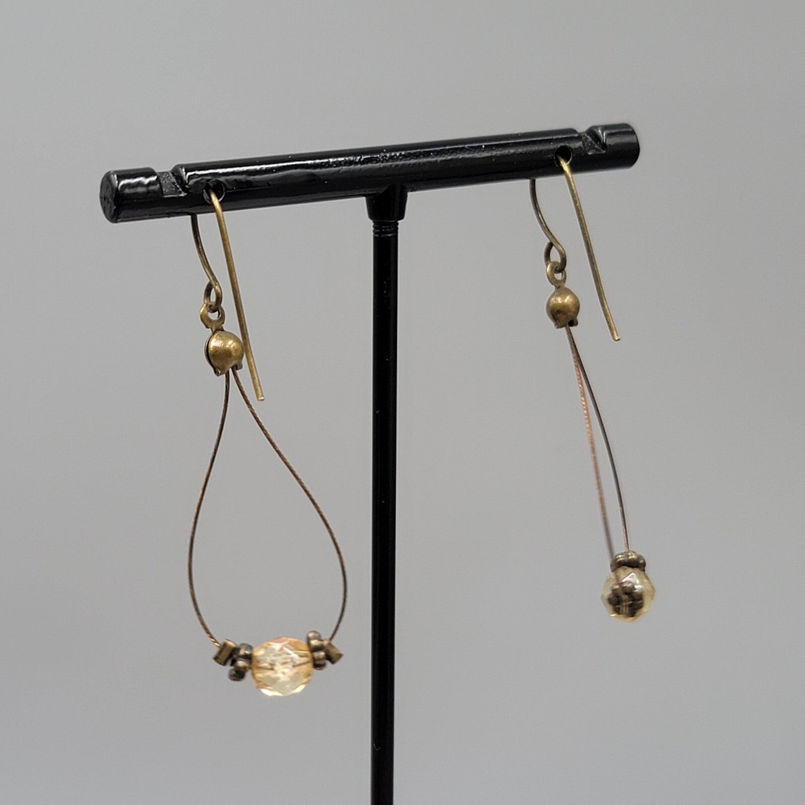 Pierced Earrings Bronze tone Teardrop Wire Yellow Glass Bead Dangle 1.5"