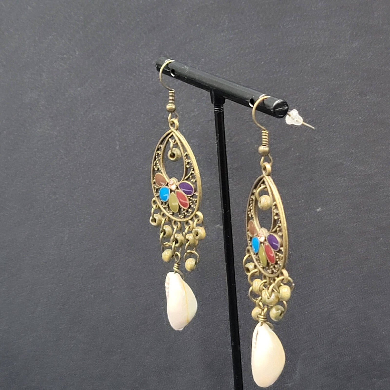 New Boho Pierced Earrings Bronze tone Multicolor Enamel Cowrie Shell 2.5"