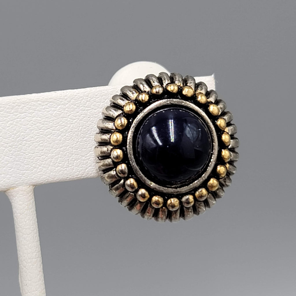 Vintage Navy Blue Cabochon Clip on Earrings Silver & Gold Plated 7/8 in