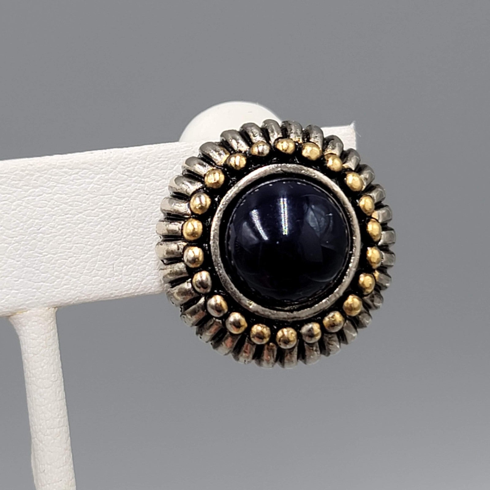 Vintage Navy Blue Cabochon Clip on Earrings Silver & Gold Plated 7/8 in