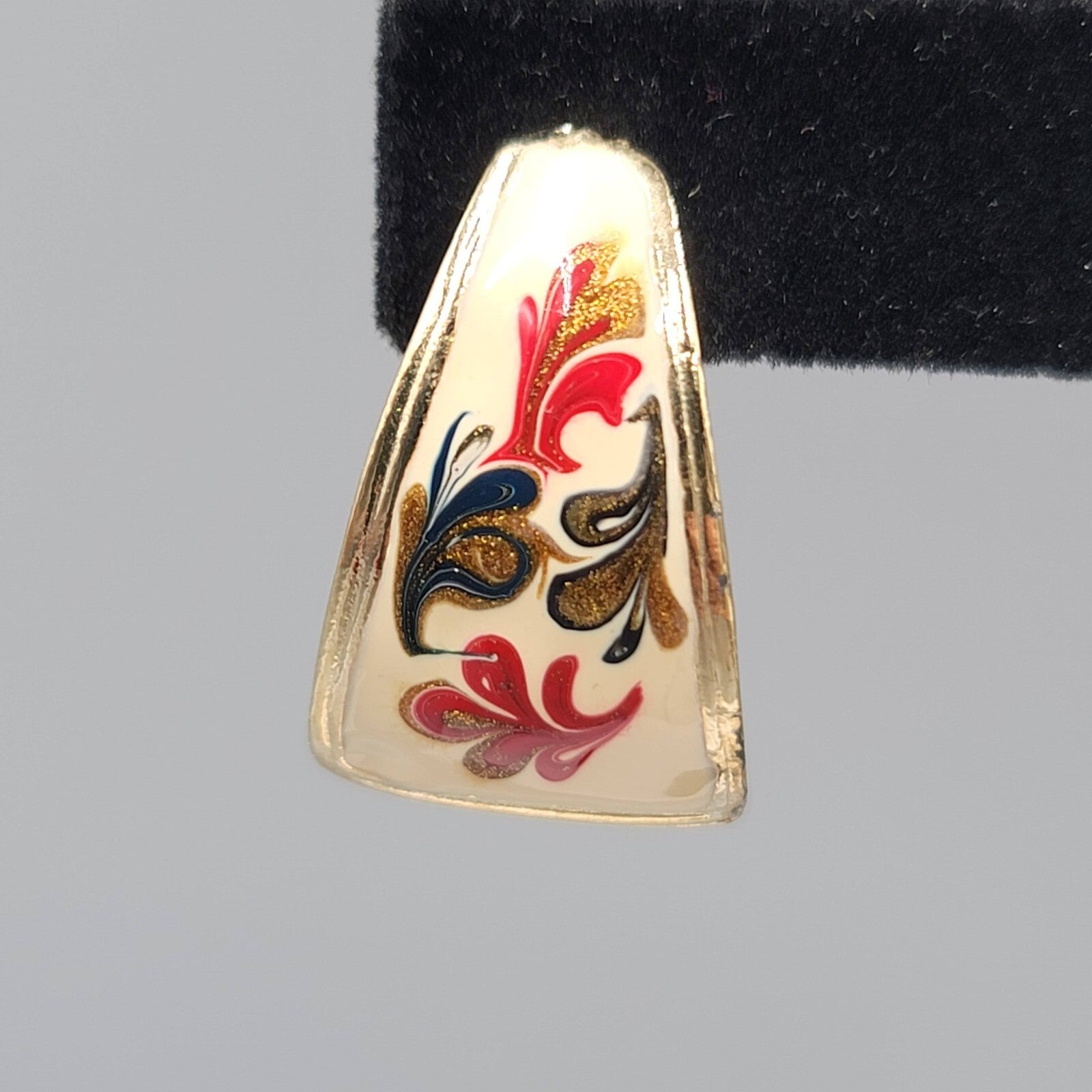 Vintage Pierced Earrings White Red Green Enamel Gold tone Drop 1"