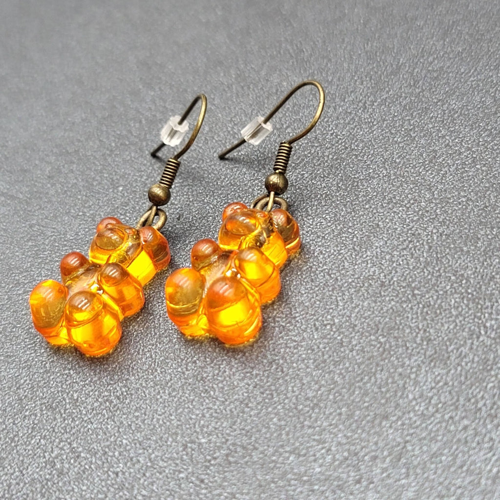 New Orange Gummy Bear Pierced Earrings Bronze tone Hooks Dangle 3/4"