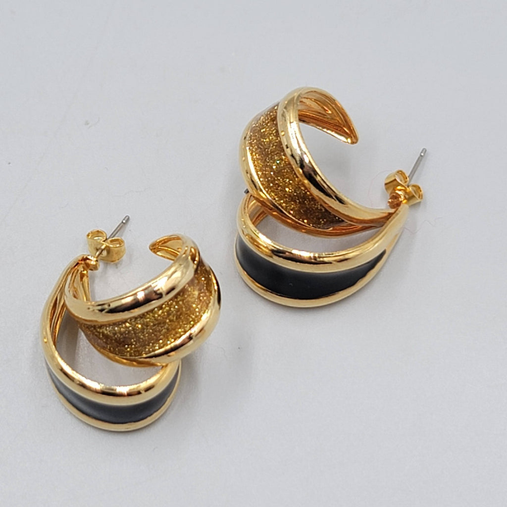 Vintage Double Hoops Pierced Earrings Black Enamel Statement Gold tone Drop 