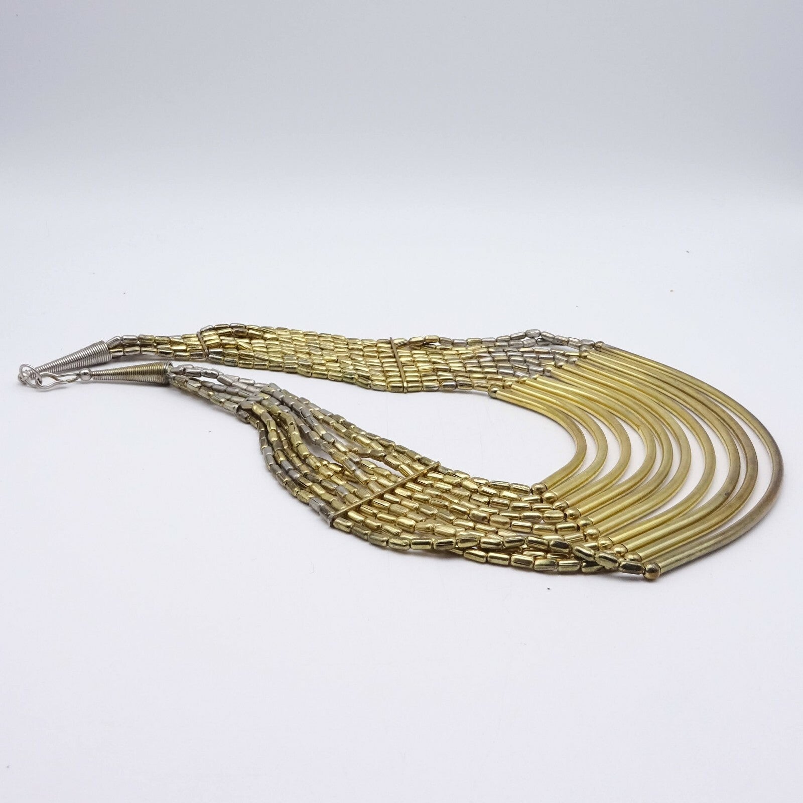 Large Multi Strand Statemet Necklace 18" Two-toned Gold & Silver Metal Beads