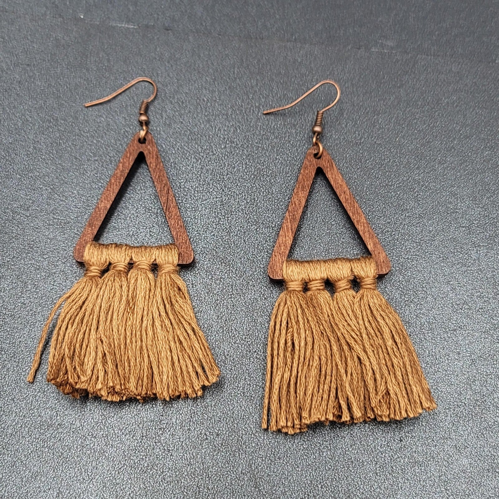 New Boho Pierced Earrings Wood Triangle Gold Brown Tassel Statement 3"