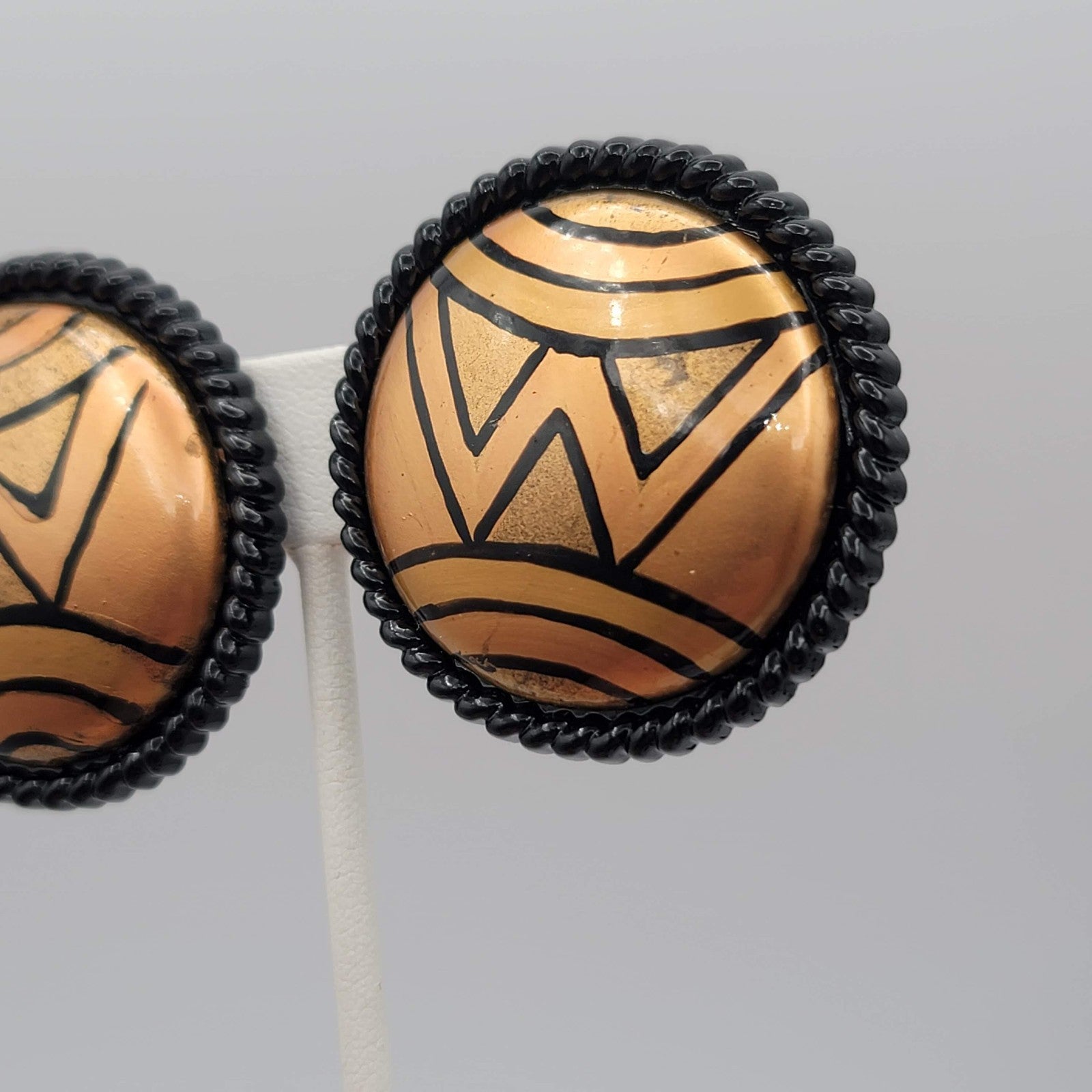 Vintage Clip on Earrings Round Hand Painted Black Gold tone Statement 1.5 in