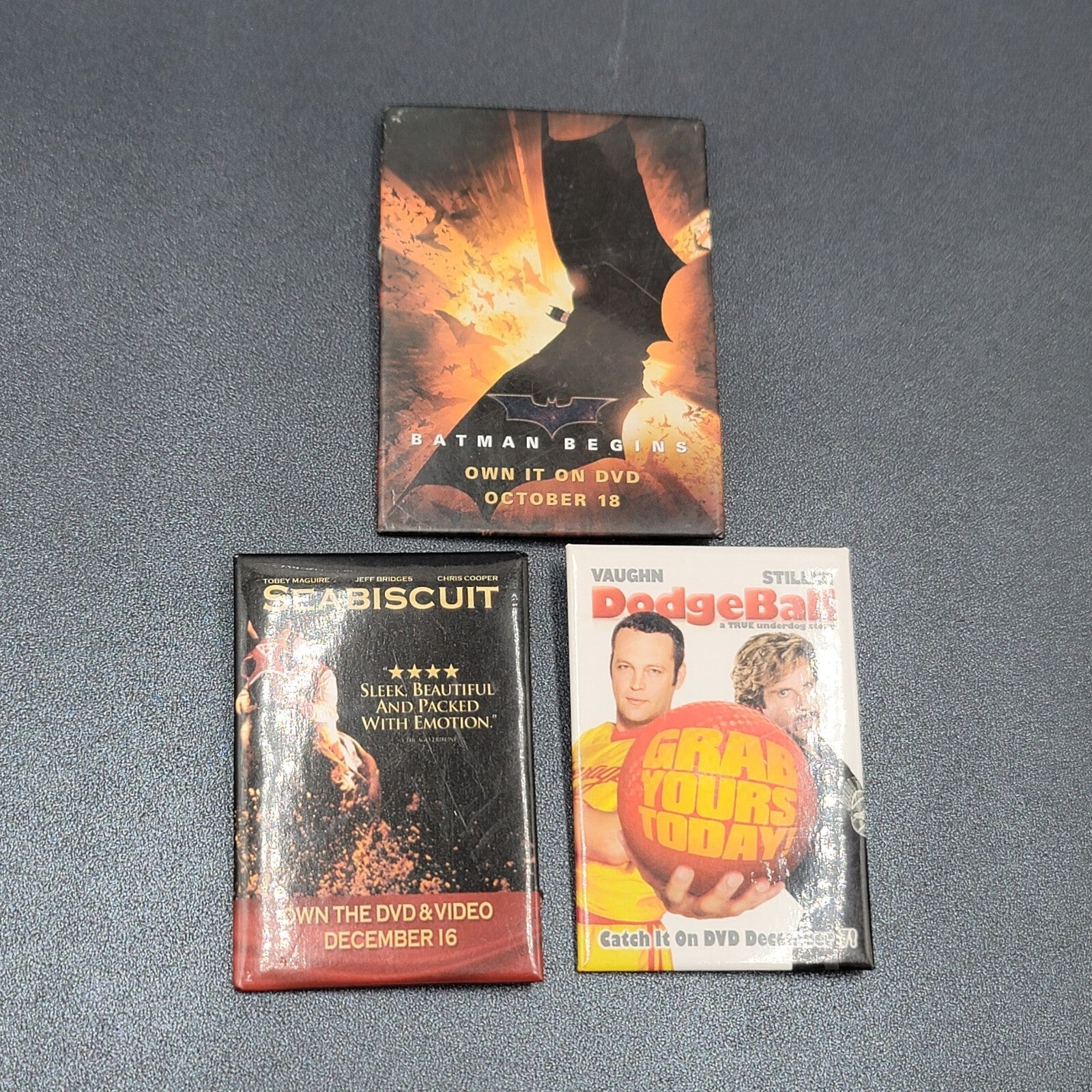 Vtg Lot Movie Promo Pin Back Buttons Pins Sea Biscuit Dodgeball Batman Begins