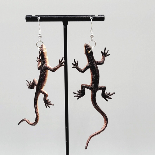 Brown Lizard Pierced Earrings Vinyl Dangle 2.75"