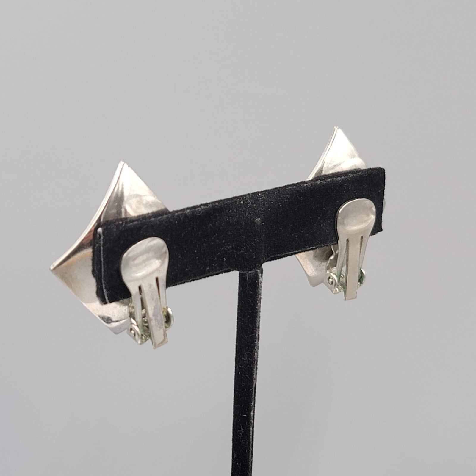 Vintage Clip on Earrings Diamond Curve Shape Silver tone Statement 1.25"