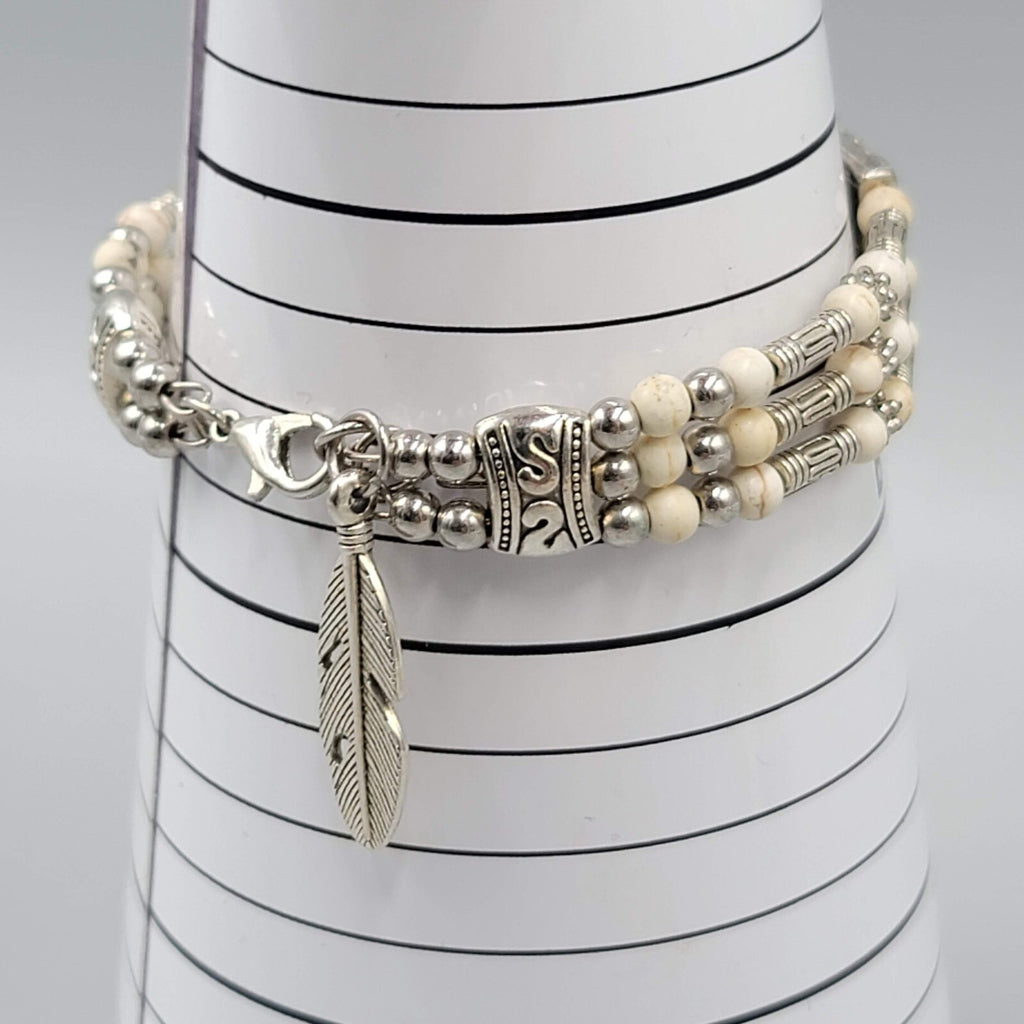 White Stone Bead Bracelet Triple Strand Silver tone Feather Charm 6.75"
