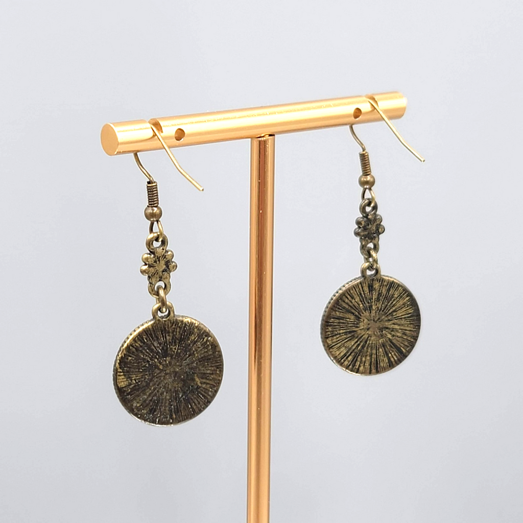Orange Cabochon Pierced Earrings Bronze tone Dangle Round 1 1/8 in