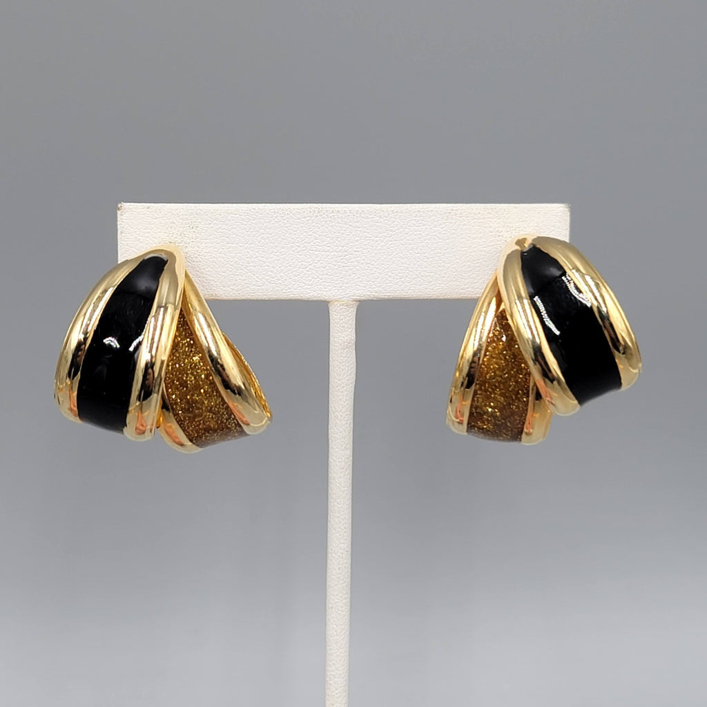 Vintage Double Hoops Pierced Earrings Black Enamel Statement Gold tone Drop 