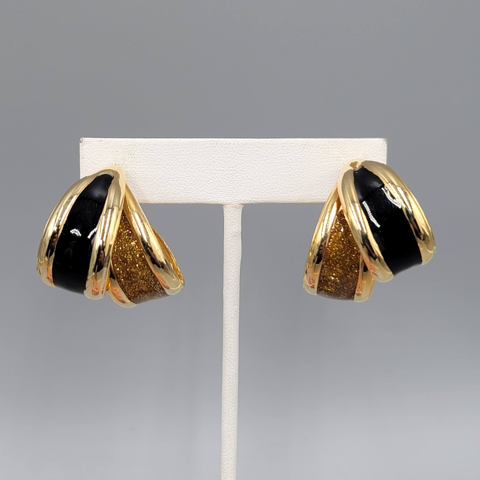 Vintage Double Hoops Pierced Earrings Black Enamel Statement Gold tone Drop 