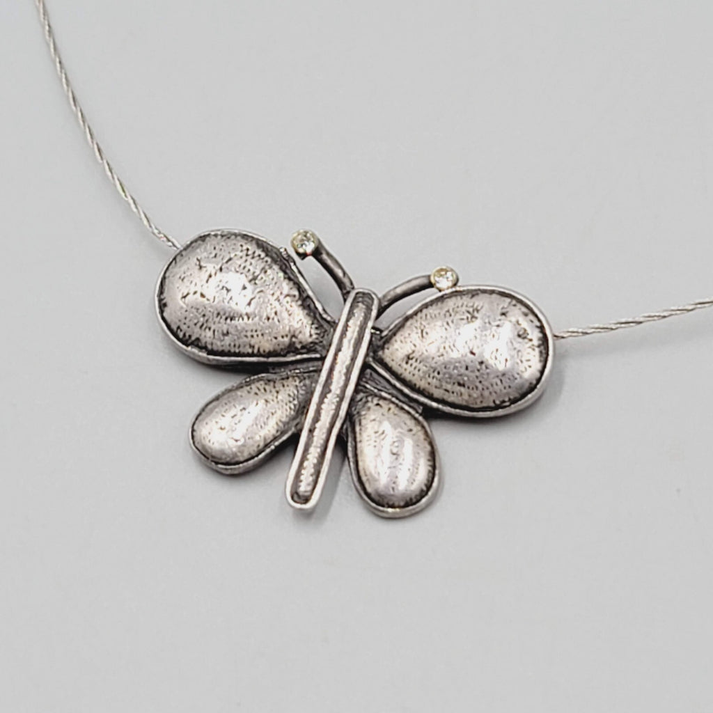 Butterfly Pendant Necklace Wire Silver tone 18"+