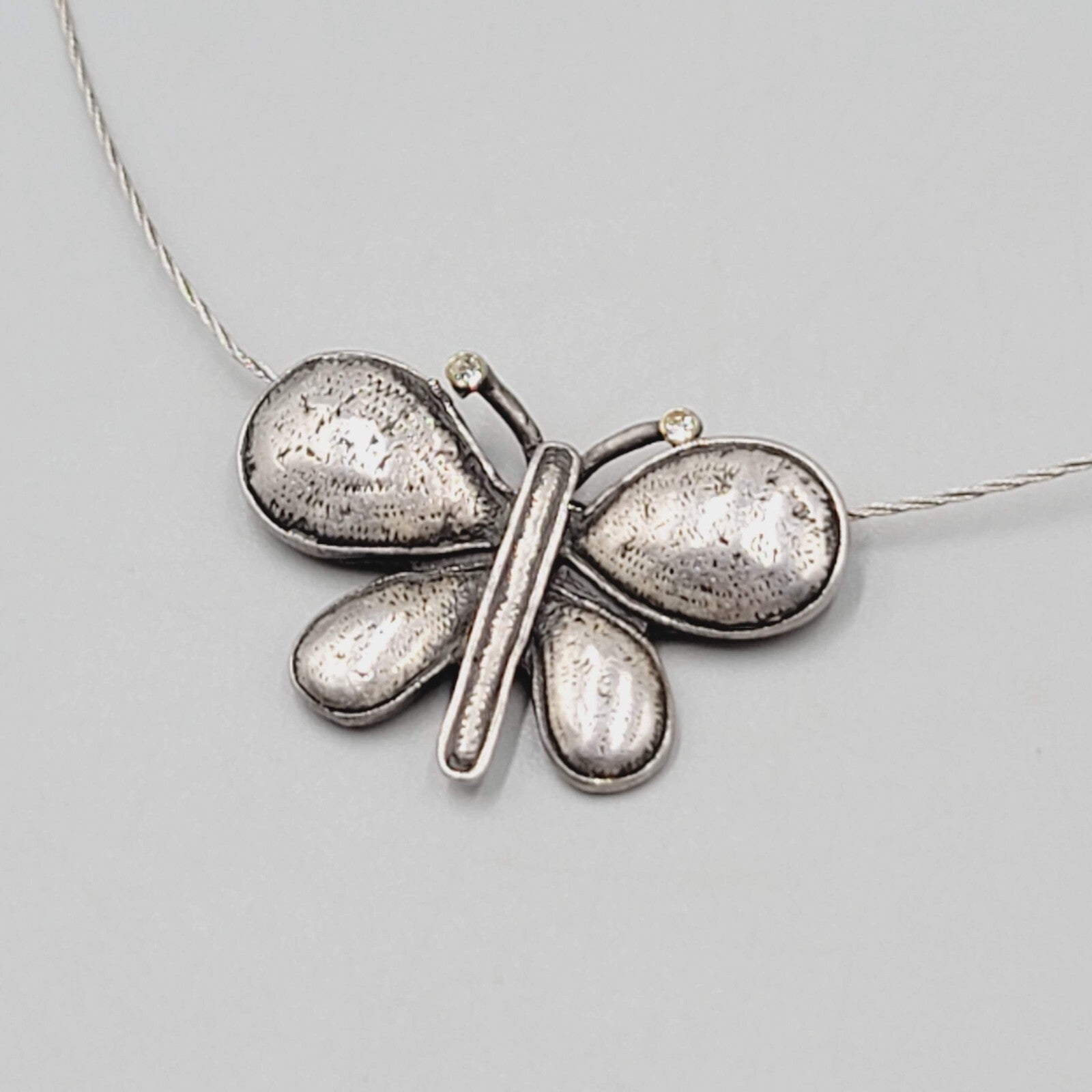 Butterfly Pendant Necklace Wire Silver tone 18"+