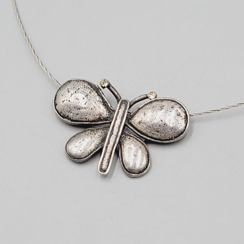 Butterfly Pendant Necklace Wire Silver tone 18"+