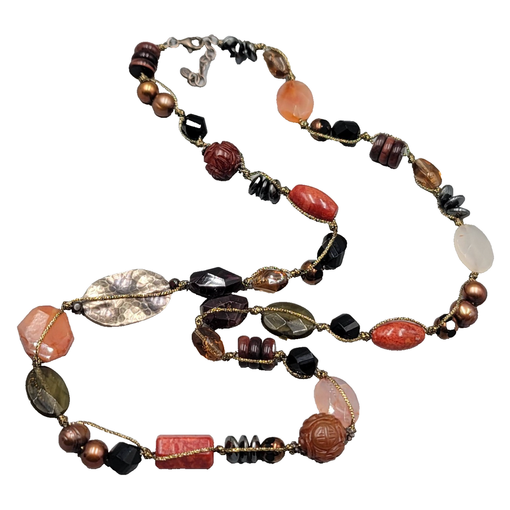 Sterling Silver Multi Bead Necklace Pearl Quartz Agate Multicolor 30"