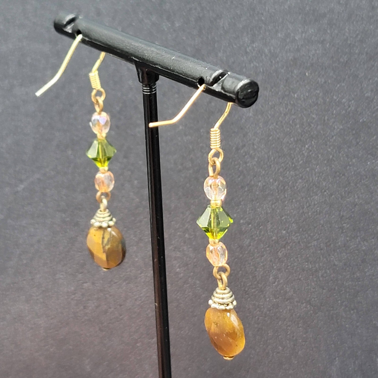Pierced Earrings Tigers Eye Pink Green Crystal Bead 1.5"