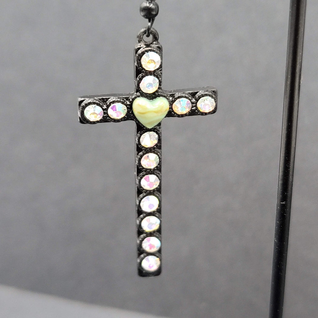 Cross Heart Pierced Earrings Black Metal Enamel AB Rhinestones Dangle 1 7/8"